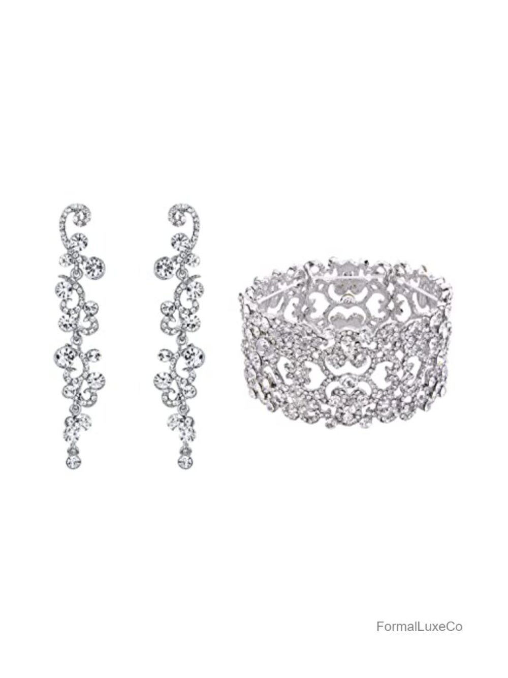 Austrian Crystal Art Deco Bridal Jewelry Set Stretch Bracelet Dangle Earrings